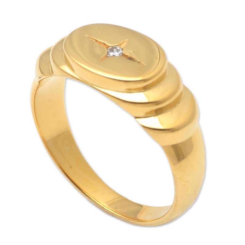 Novica Handmade Oval Cross Gold-Plated Cubic Zirconia Cocktail Ring