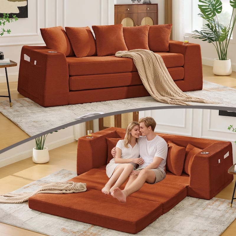 2 in 1 Convertible Sofa Bed, Sleeper Sofa with Storage Pockets, Pull Out Loveseat Couch with Two Cup Holders