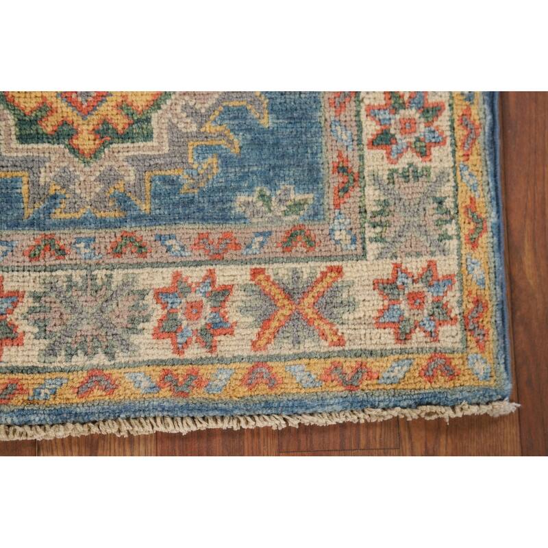 Hand Knotted Oriental 100% Wool Carpet Traditional Geometric Navy Blue & Blues Kazak Area Rug - 2' 10'' X 1' 11''