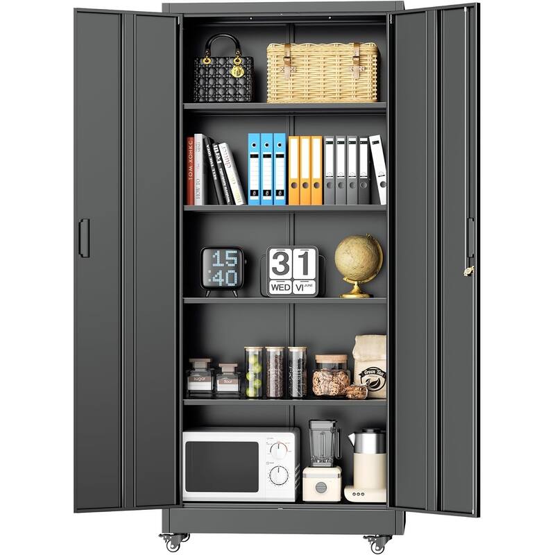 73" Rolling Garage Storage Cabinet with Locking Doors and Adjustable Shelves for Garage, Home Office, School