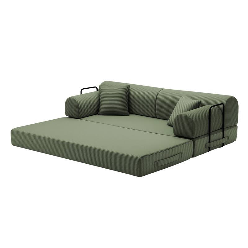 Convertible Sleeper Sofa Bed with Cylindrical Pillow, Corduroy Folding Mattress Couch with Fixed-Shape Frame for Bedroom