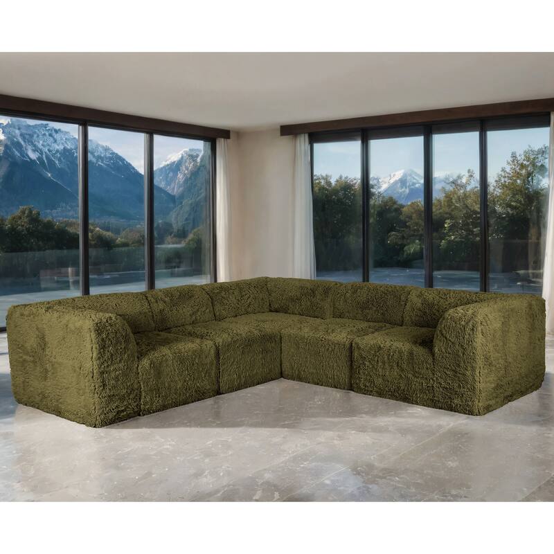 Furniture of America Ylena Modern 5-Piece Faux Fur Foam Modular Compressed Sectional Sofa - Olive Green