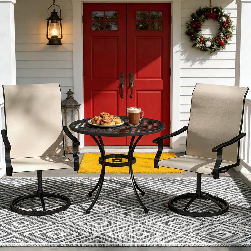 GDFStudio - Nathan Outdoor Dining Swivel Chairs Crafted for Elevated Comfort and Easy Movement - Beige+Black - Set of 2