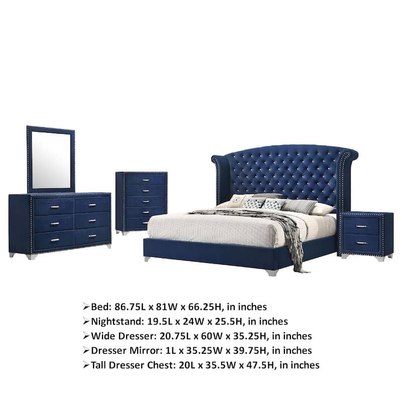 Giya 5pc Queen Bedroom Set, Classic Tufted Dark Blue Velvet Upholstery