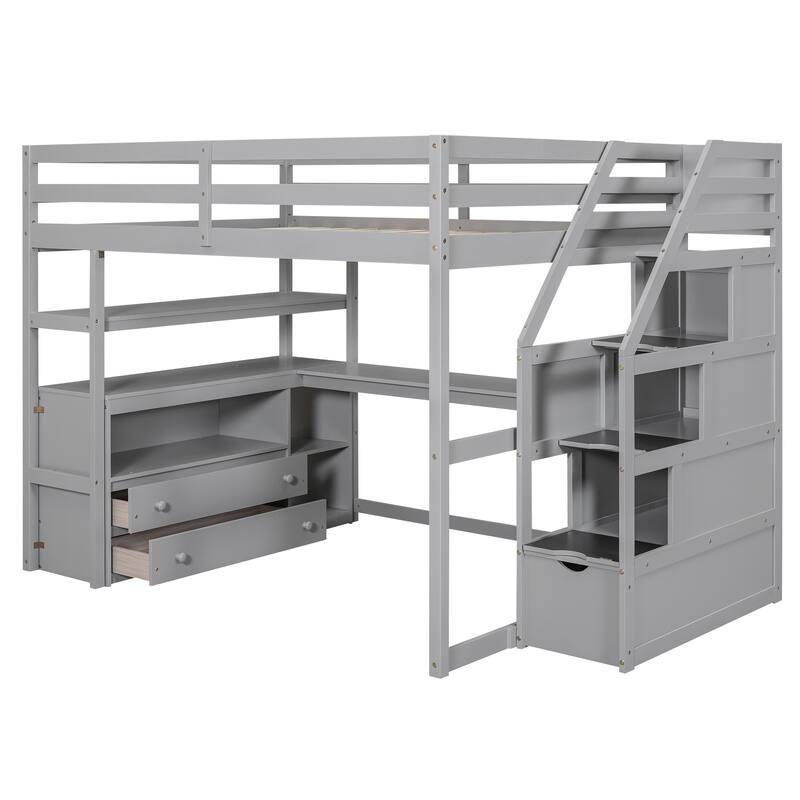 Multifunctional Full Loft Bed with Desk, Shelving, and Storage Drawers for Space-Saving