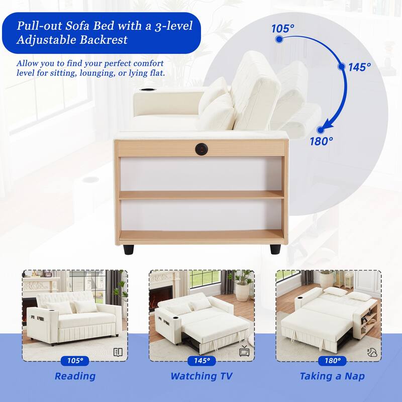 Convertible Couch Loveseat Sofa Bed with Cup Holders & Side Storage, Loveseat Couch with Adjustable Tufted Backrest