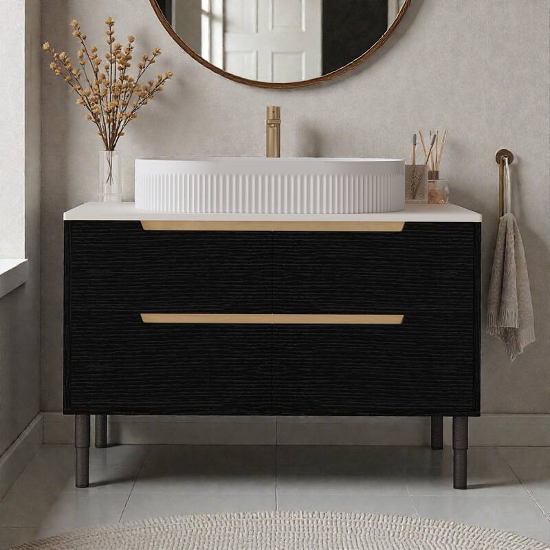 36" Bathroom Vanity with Integrated Ceramic Sink, Freestanding or Wall Mounted, 4 Soft-Close Drawers & Adjustable Metal Legs - Black