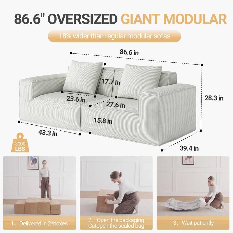 86.6″ Foam 3-Seater Block Sofa with Wide Seats & Washable Cover