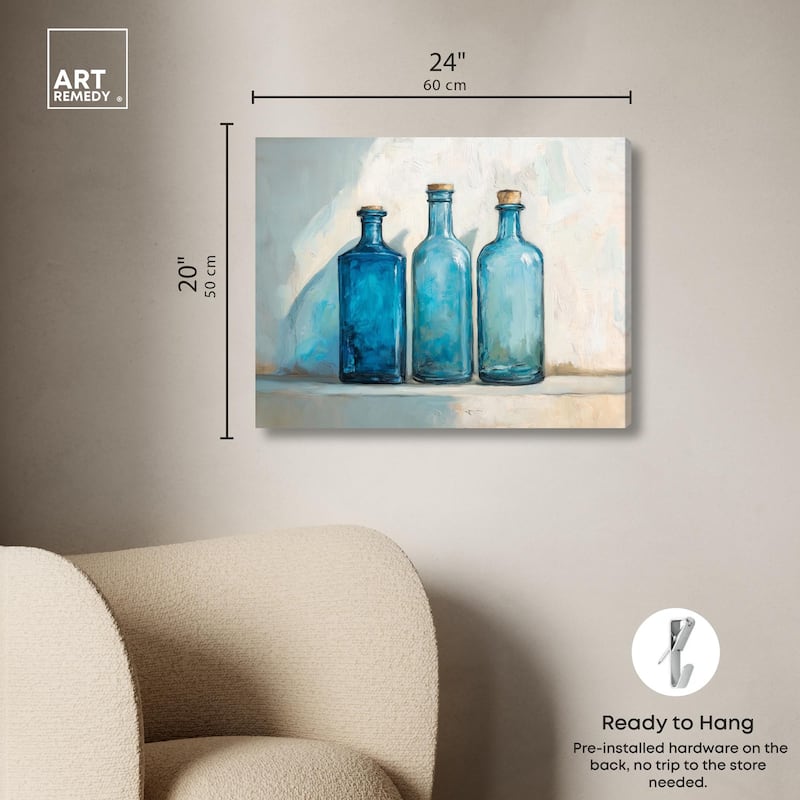 Three Blue Bottles Canvas by Art Remedy, Gallery Wrapped