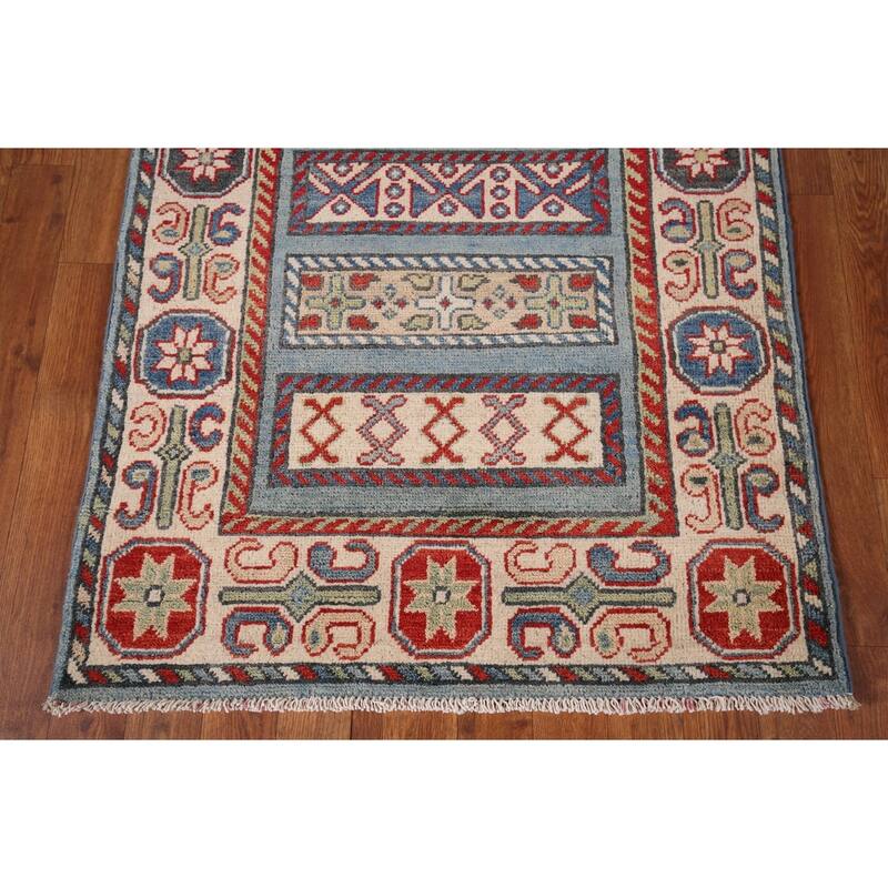 Light Blue Kazak Oriental Runner Rug Handmade Wool Carpet - 3'0" x 16'5"