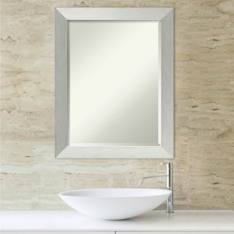 Beveled Wood Bathroom Wall Mirror - Brushed Sterling Silver Frame