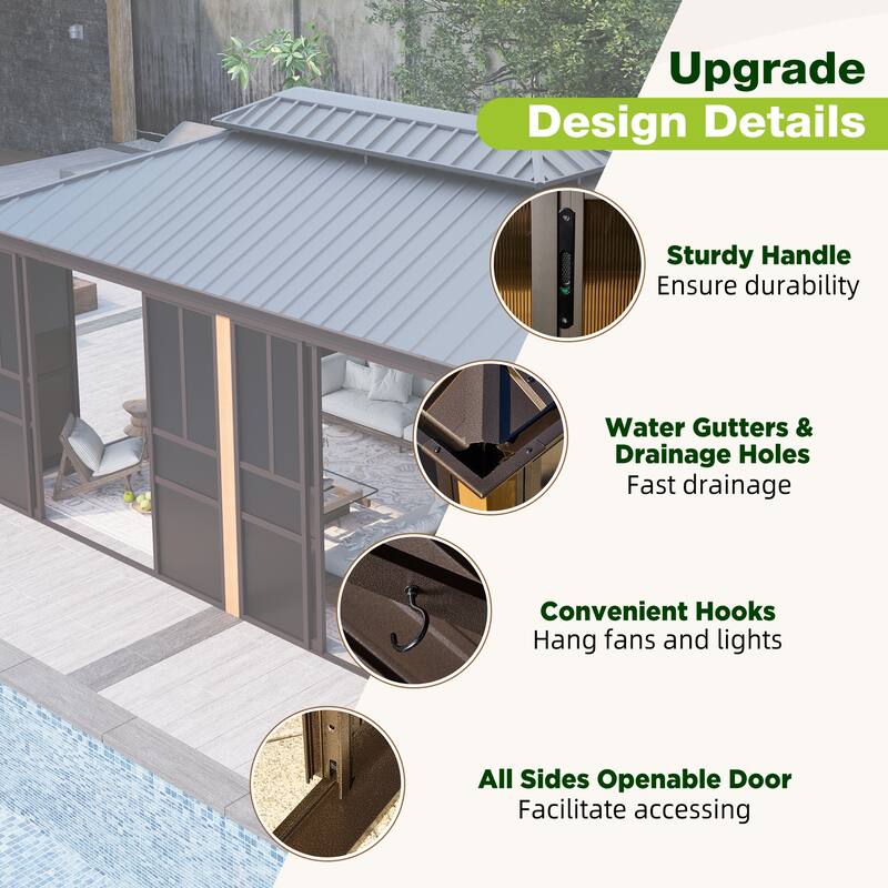 Outdoor Solarium Sunroom,Patio Hardtop Gazebo,All-Season Aluminum Patio Gazebo with with Sliding Doors and Screens