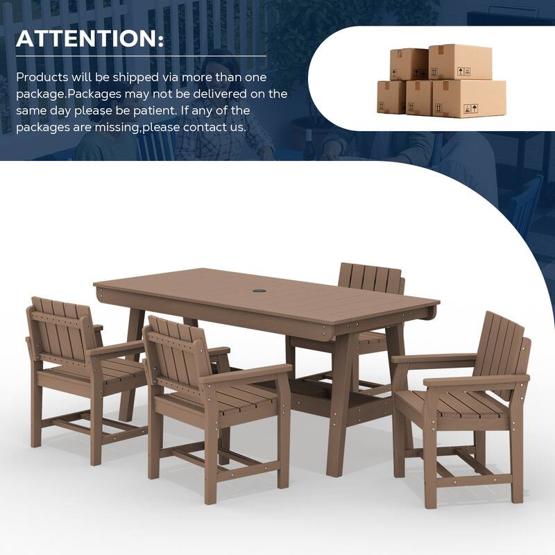 HDPE Patio Dining Set with Rectangular 67.91in W Table with Umbrella Hole and 4 Chairs - N/A