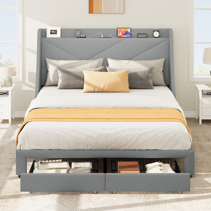 Modern Upholstered Headboard Platform Bed with USB