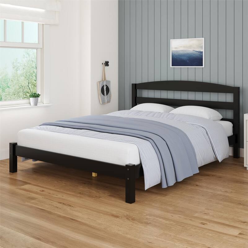 Roomfitters Leighton Solid Pine Wood Platform Bed Frame with Arched Headboard, Full, Black
