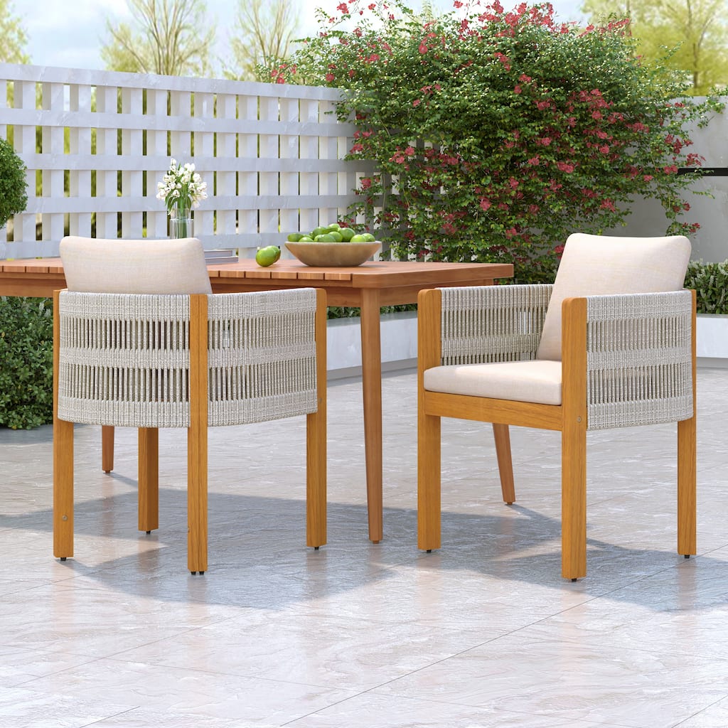 Beige Teak Patio Chair Wood Dining Chairs Set of 2, Reading Chair Accent Chair Leisure Chair with Cushions