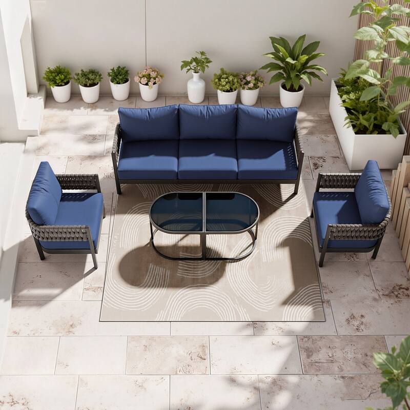 Kullavik 5-piece Aluminlum Frame Woven Rope Patio Sofa with Glass Table and Cushions