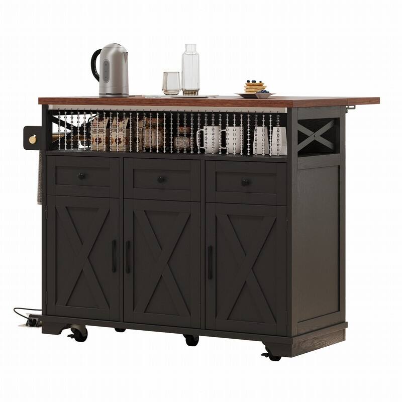 Farmhouse 46.5" Kitchen Island with Power Outlet, Rolling Kitchen Cart on Wheels with Drop Leaf