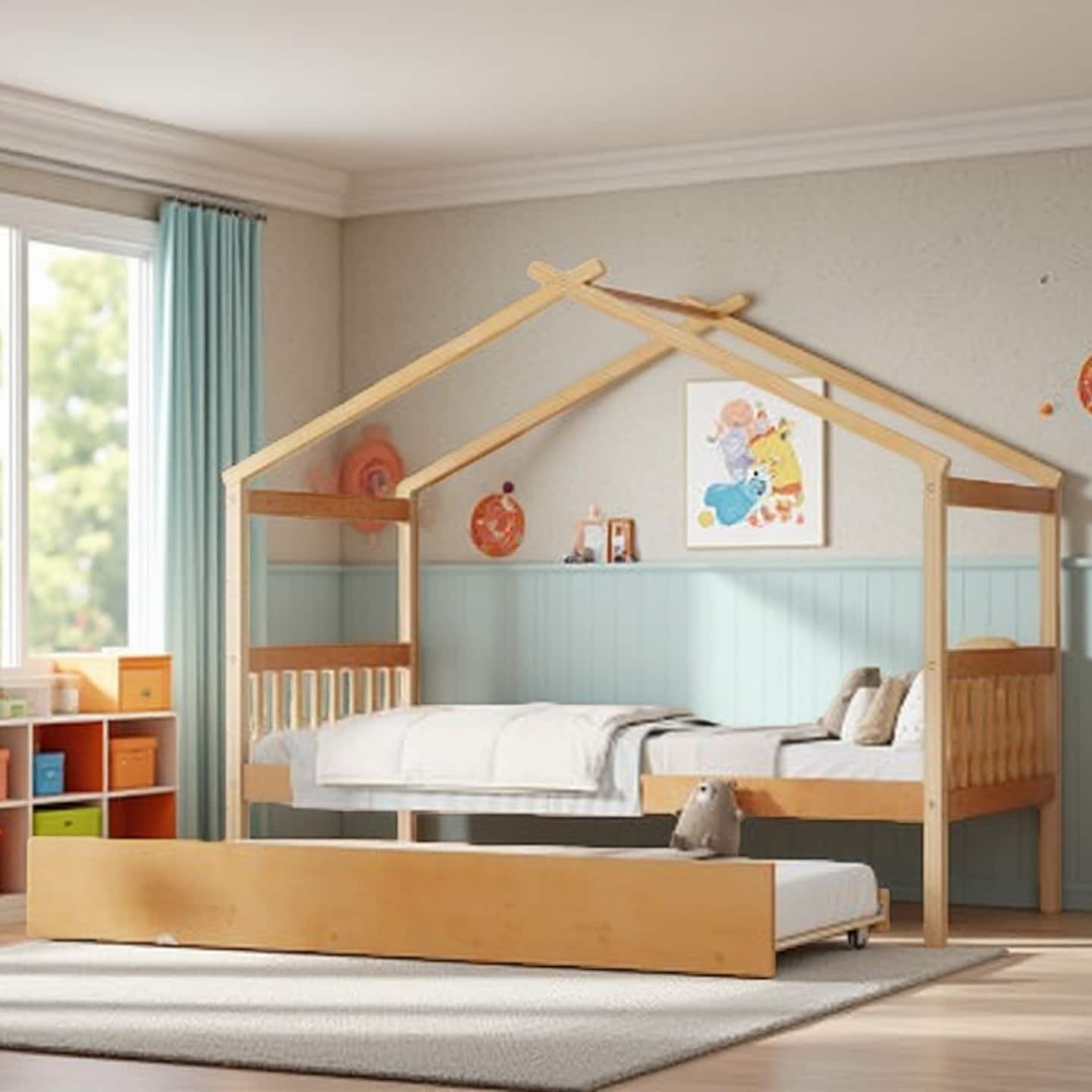 Full Size Kids House Bed with Pull-Out Twin Trundle, Solid Pine Frame, Imaginative Roof Design