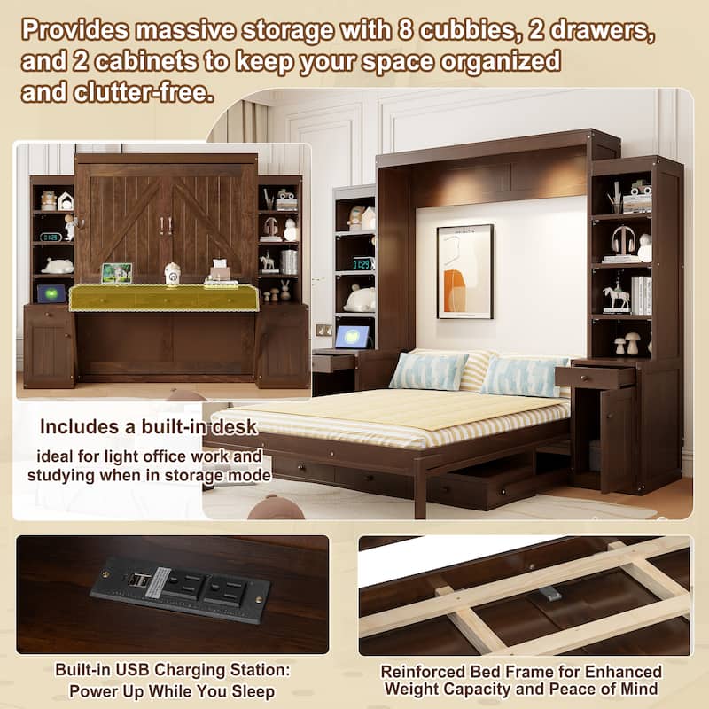 Foldable Murphy Bed Queen Size Wooden Wall Bed Framen with Built-in Desk, Top Lights, Open Shelves, Storage Drawers and Cabinets