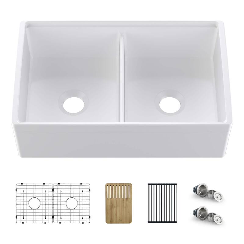 33" Pure Fireclay Double Bowl Farmhouse Kitchen Workstation Sink - 33"
