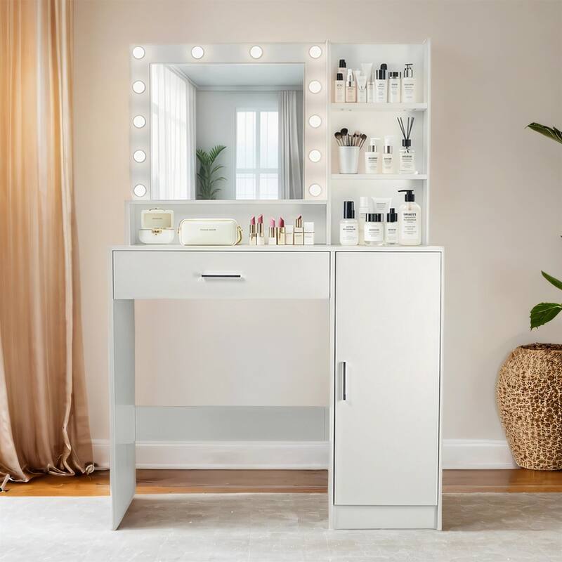 Makeup Vanity w/ Open Shelves, 3 Lighting Modes Adjustable Brightness