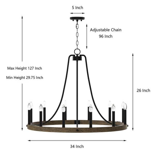 dimension image slide 2 of 3, Acroma 12-light Farmhouse Modern Wagon Wheel Chandelier Candle Dining Room Lighting - 34''