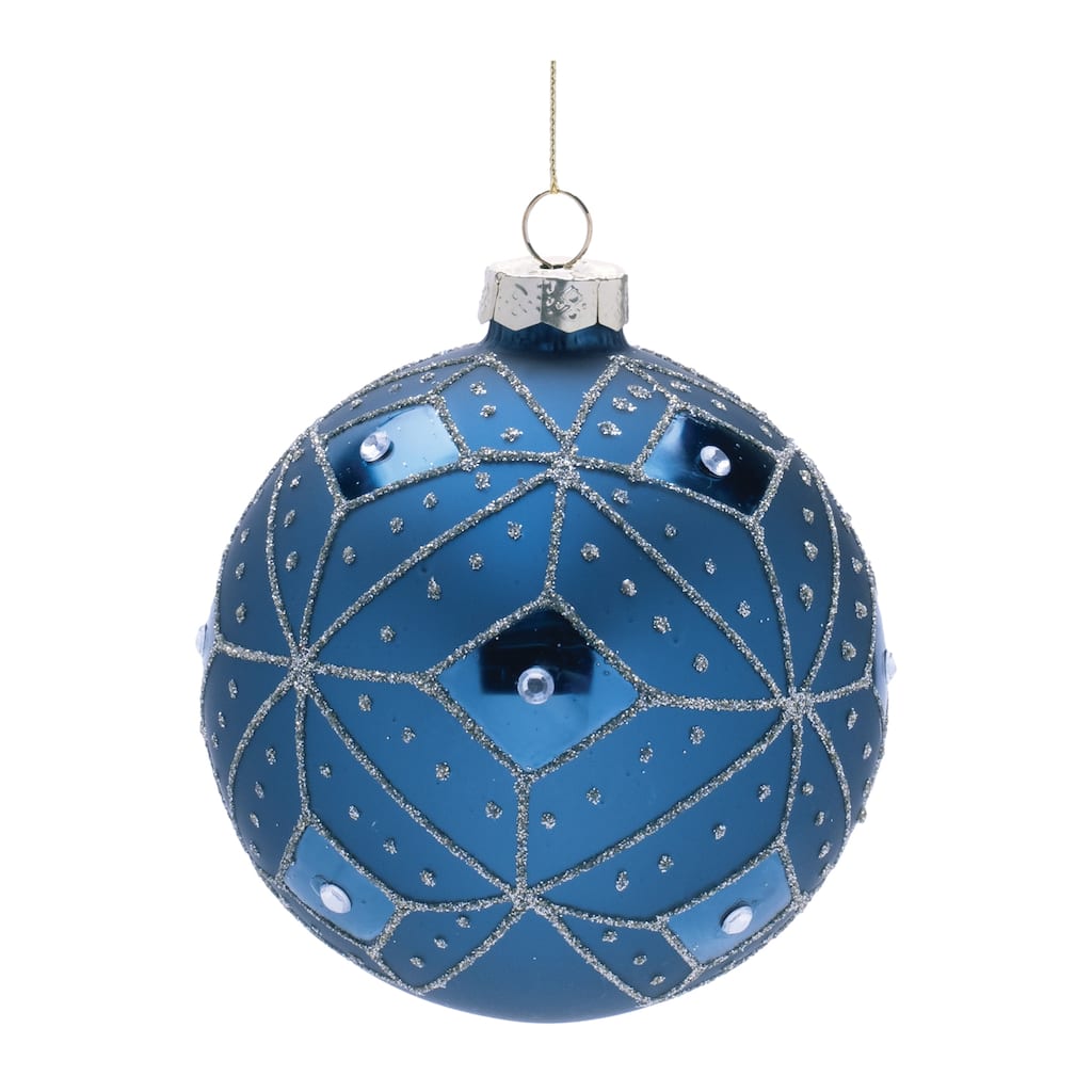 Set of 6 Geometric Blue & Silver Glittered Glass Christmas Ornaments with Jeweled Accents - 3.75" x 3.75" x 4"