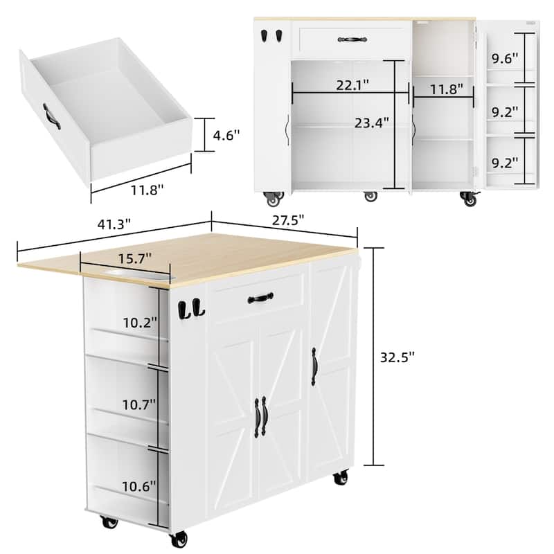 43" Kitchen Island Cart with Drop-Leaf Countertop, Rolling Storage Cabinet on Wheels for Small Kitchens