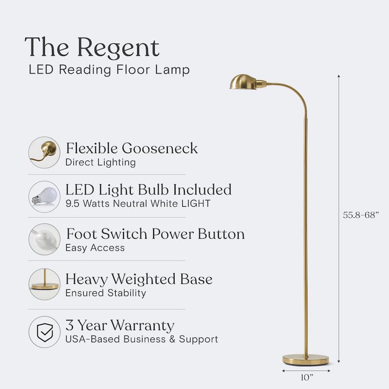 Brightech Regent 68 in. Antique Brass Industrial Height Adjustable Gooseneck LED Floor Lamp with Brass Metal Bowl Shade