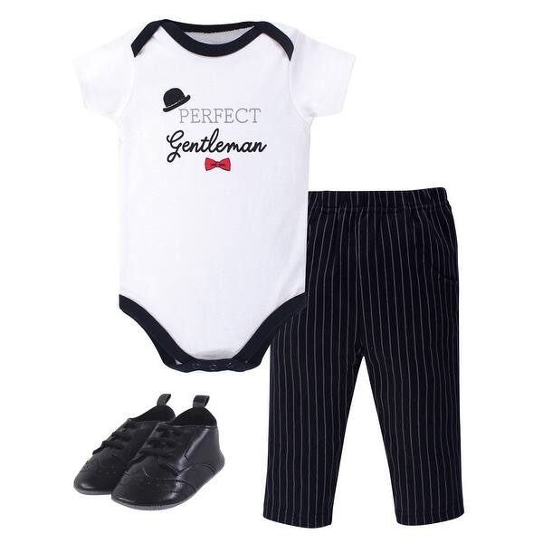 slide 1 of 1, Little Treasure Baby Boy Cotton Bodysuit, Pant and Shoe 3pc Set, Gentleman 0-3 Months - Gentleman