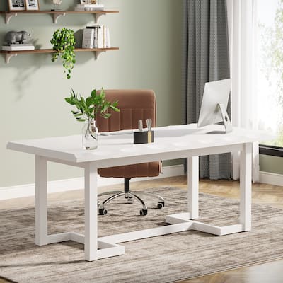 63 Inches Computer Desk, Rectangular Writing Table with Solid Wood Legs and Thickened Desktop