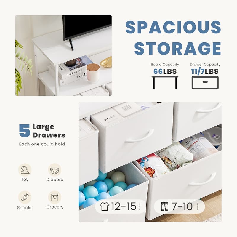 5 Fabric Drawers Dresser for Bedroom TV with Open Storage Shelf