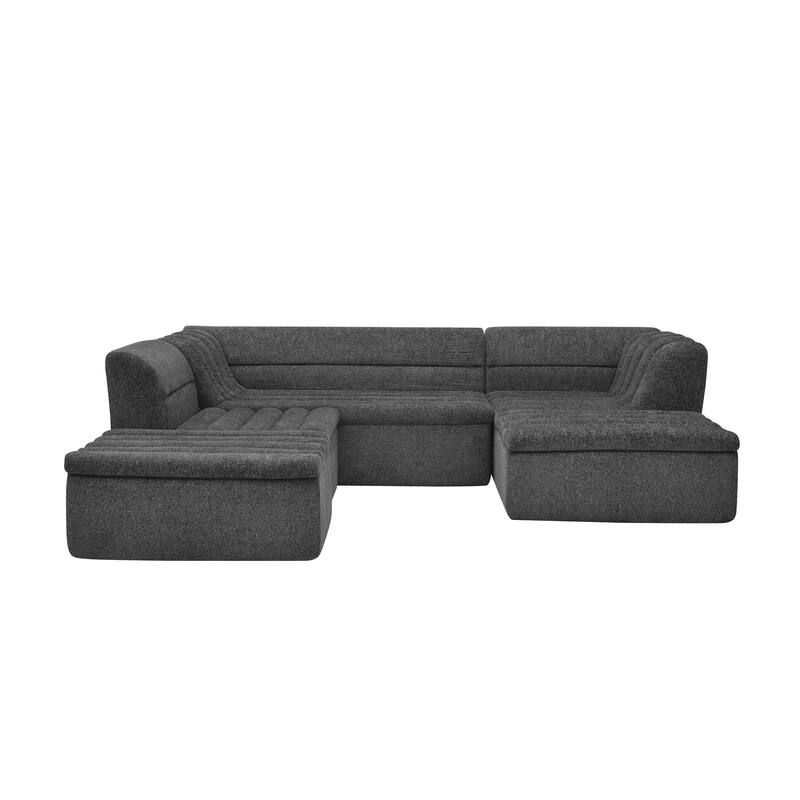 Roomfitters U-Shaped Modular Sectional Sofa with Chaise and Movable Ottoman, Chenille Upholstery and Wave-Shaped Armrest