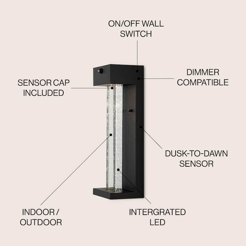 Horizone 5.13" 1-Light Modern Iron/Seeded Glass with Dusk-to-Dawn Sensor Integrated LED Outdoor Sconce, Black by JONATHAN Y