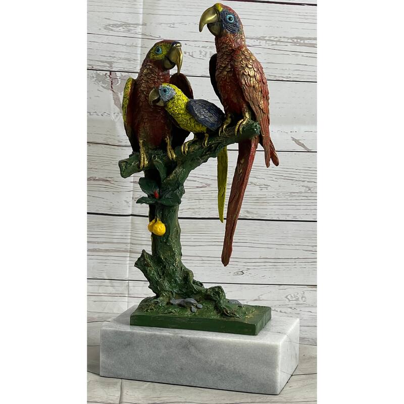 Handcrafted Brazilian Parrot Family Bronze Sculpture On White Marble Base