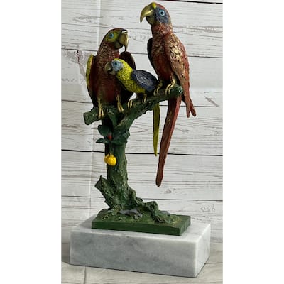 Handcrafted Brazilian Parrot Family Bronze Sculpture On White Marble Base