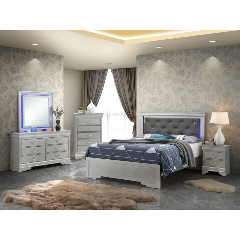 LED Lighted Jewel Tufted Panel Queen Bed - 85" - Silver Champagne