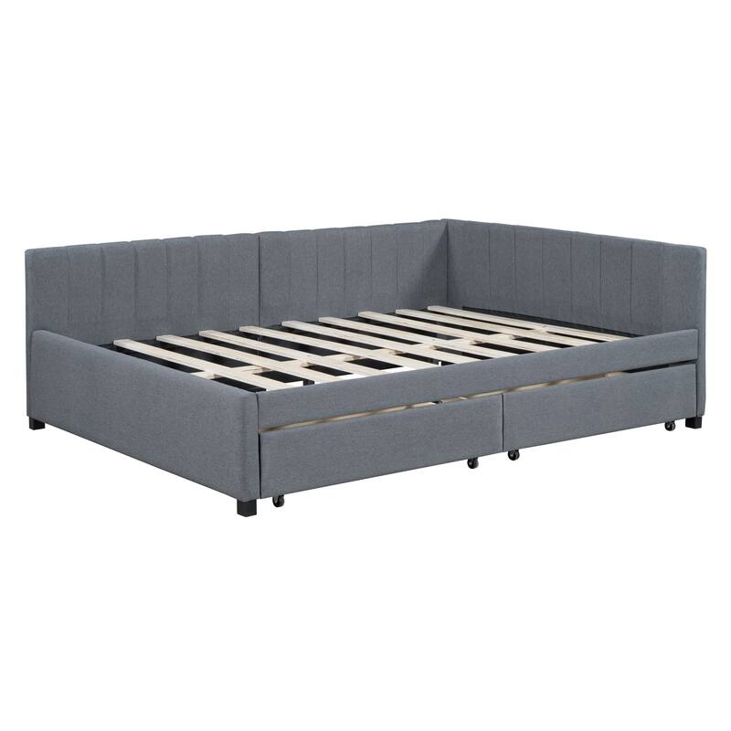 Full Size Upholstered Daybed with Storage Drawers, Linen Fabric, No Box Spring Needed