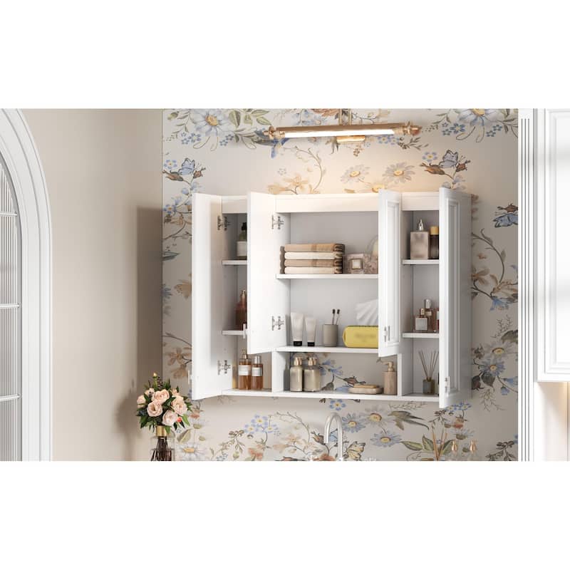 Roomfitters Wall Mounted Medicine Cabinet with 5 Adjustable Shelves, Modern Mirror Storage with Open Shelving, White