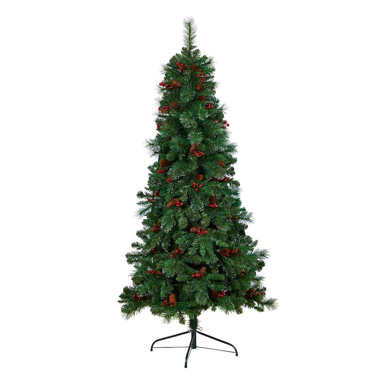 6ft. Flat Back Pine Artificial Christmas Tree with Pinecones, Berries & 150 Warm White LED Lights - Festive Holiday X-Mas Accent