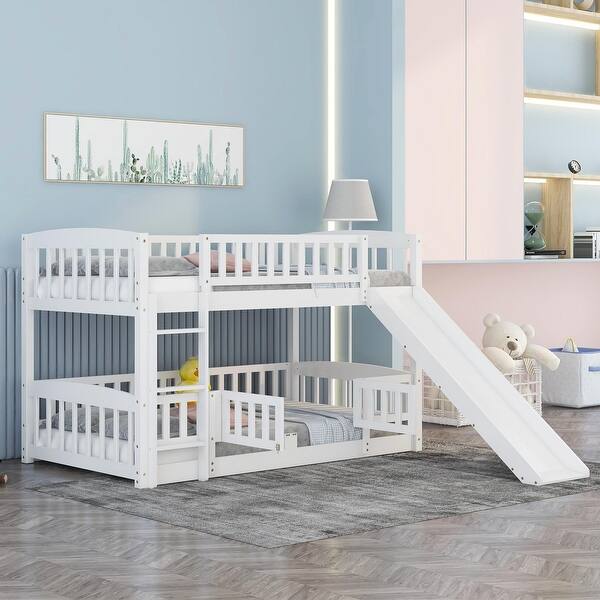 slide 2 of 10, Twin Over Twin Bunk Bed with Slide, Convertible Ladder, Fence, and Play Space for Kids and Teens, Sturdy Pine Wood Frame