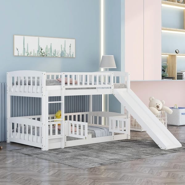 slide 2 of 7, White Twin Over Twin Bunk Bed with Slide and Convertible Ladders, Fence, and Play Area for Kids, Sturdy and Durable Bed Frame White