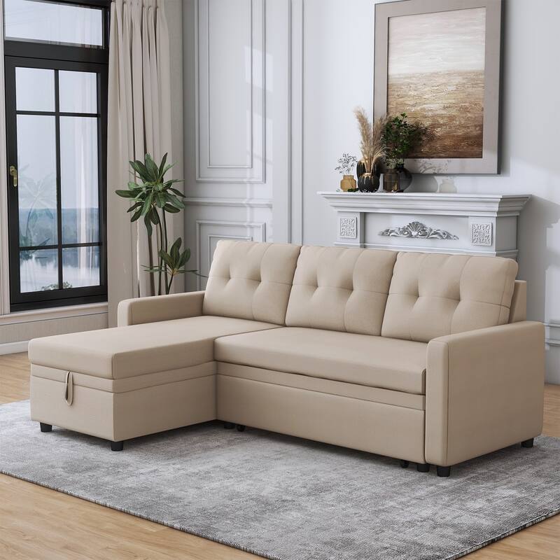Modern L-Shape Convertible Sleeper Sectional Sofa - Beige
