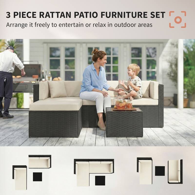 Outsunny 3 Piece Patio Furniture Set, Wicker Rattan Outdoor Patio Conversation Furniture Set with Cushions