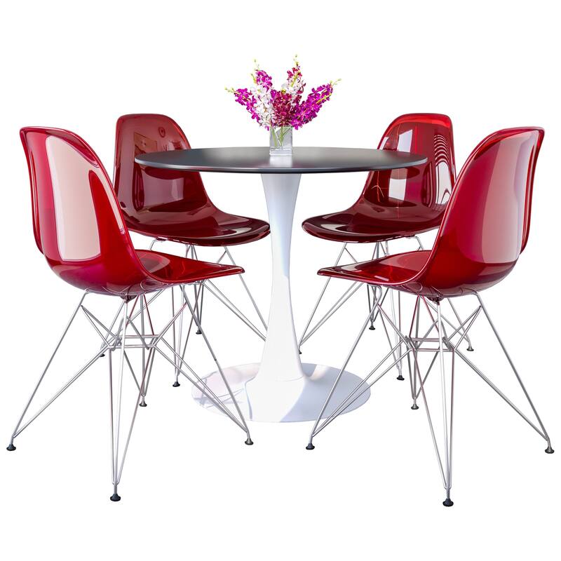 5-Piece Dining Set 35" Round Dining Table with 4 ABS Plastic Side Chair - Transparent Red