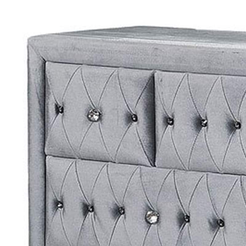 Rea Wide Dresser, 7 Drawers with Crystal Knobs, Gray Velvet Upholstery