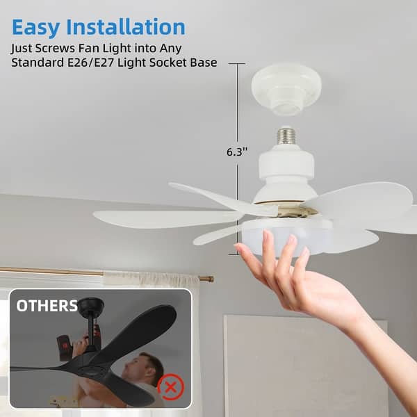 Gliztech Socket Fan Light – Ceiling Fan With Lights & Remote, E26 Base, Dimmable CCT 3000K-6500K, Timer, Quiet 3.6dB For Bathroom, Kitchen, Bedroom, Garage (19”, 1-Pack)