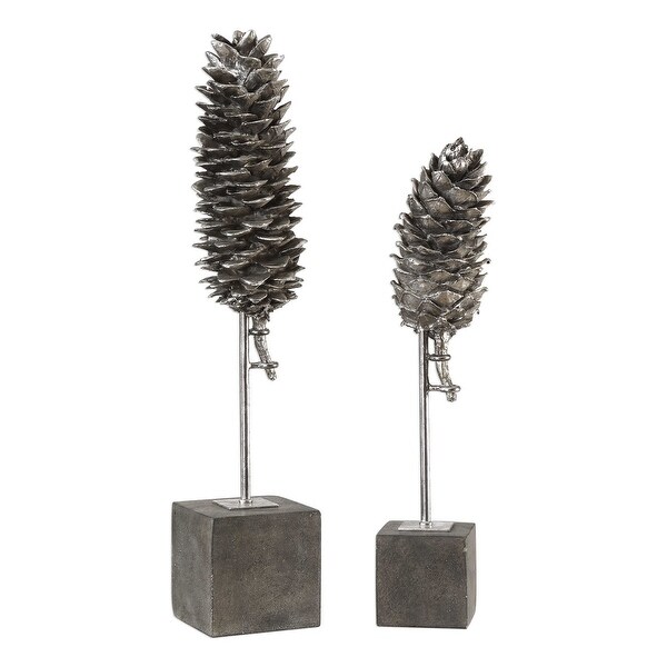 Set of 2 Metallic Silver Leaf Pine Cone Sculptures 23” - N/A