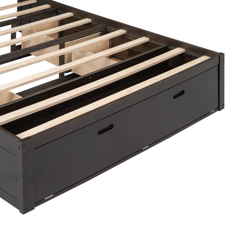 Espresso Queen Size Wood Platform Bed with Storage Headboard, Shoe Rack and 4 Drawers